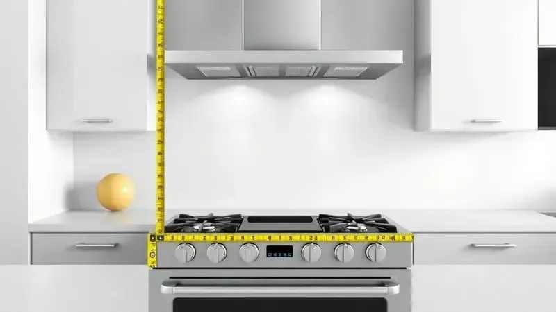 Ilustração conceitual de um fogão sendo medido com fita métrica em uma cozinha moderna para verificar as dimensões.