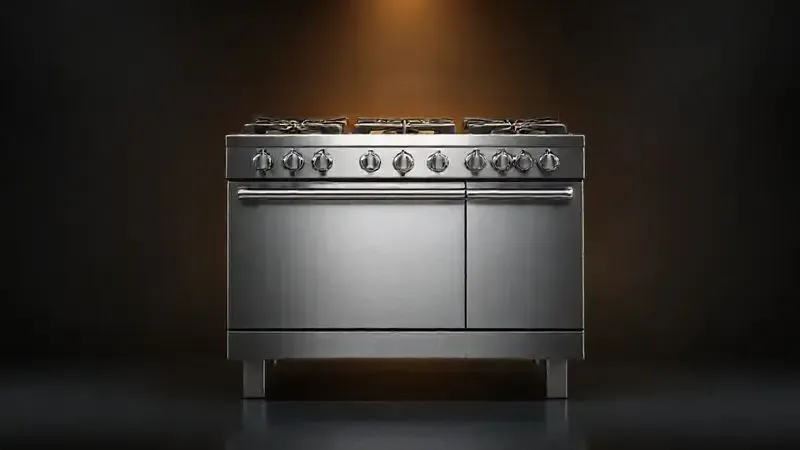 Render conceitual de um fogão de 6 bocas premium e impecável, iluminado por um foco dourado, representando o