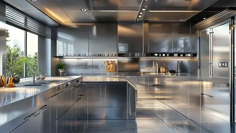 Cozinha moderna com superfícies em aço inox brilhante, mostrando durabilidade e design contemporâneo
