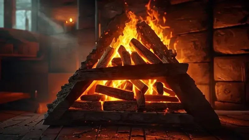 Ilustração digital realista do método da pirâmide para acender fogo em fogão a lenha, com lenha organizada em formação triangular.