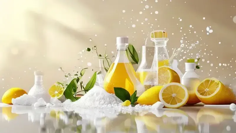 Ingredientes naturais para limpeza caseira: bicarbonato, vinagre e limão em composição artística