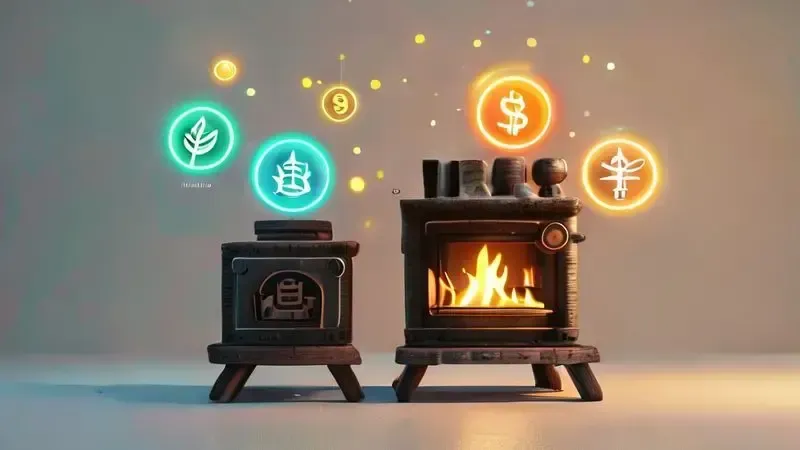 Ilustração conceitual com símbolos de eficiência energética, economia, decoração e sustentabilidade ao redor de fogão