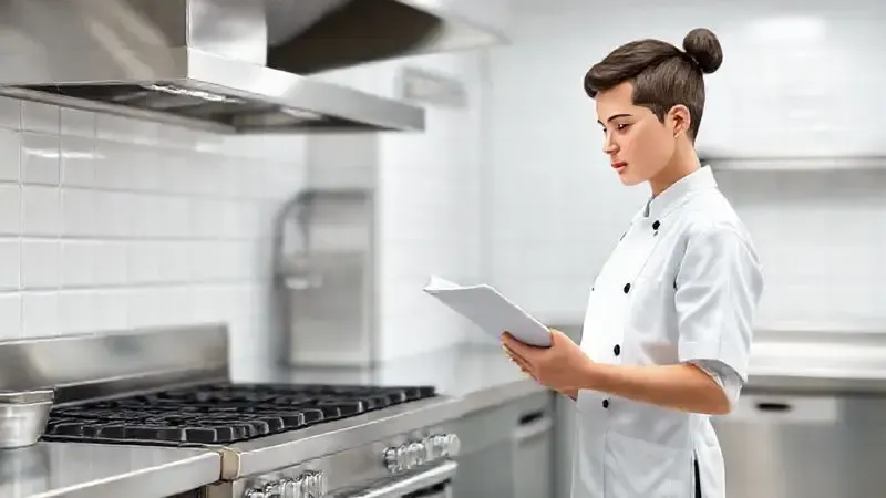 Representação visual de conformidade: cozinheiro profissional revisando checklist em cozinha industrial limpa, seguindo normas de segurança.