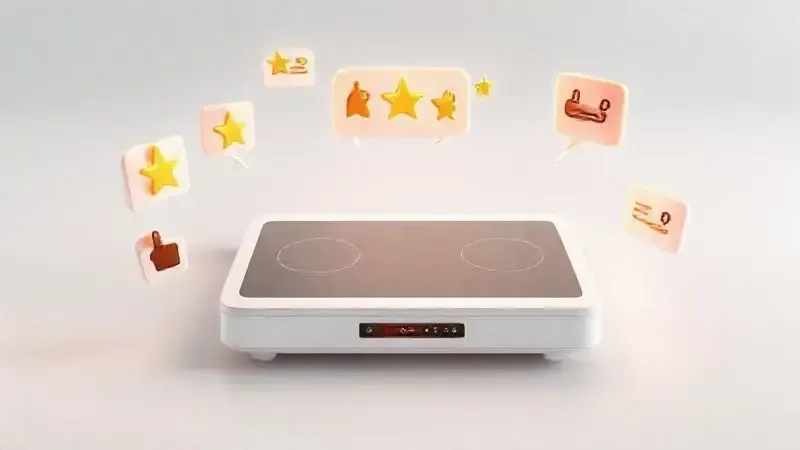 Composição 3D de ícones de satisfação e balões de diálogo flutuantes, representando as opiniões positivas dos consumidores.