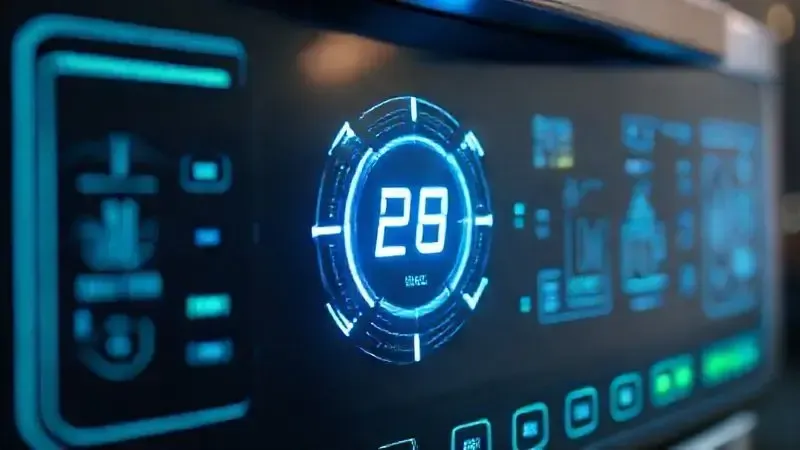 Painel de controle futurista com dados holográficos representando a precisão da ficha técnica e especificações.