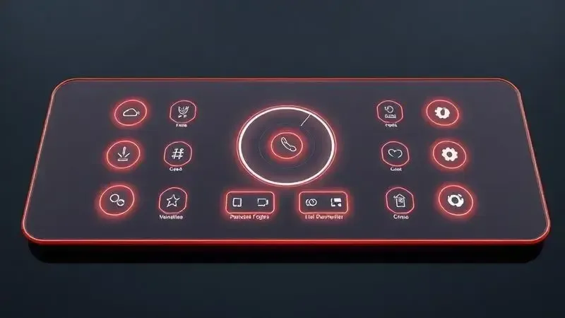 Painel de controle touch para cooktop de indução com botões luminosos e ícones conceituais.