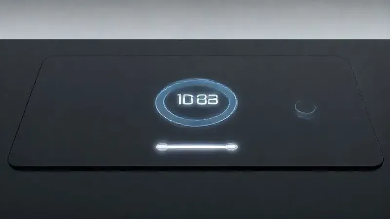 Renderização 3D de um painel de controle touch de um cooktop de indução, com funções tecnológicas e timer.