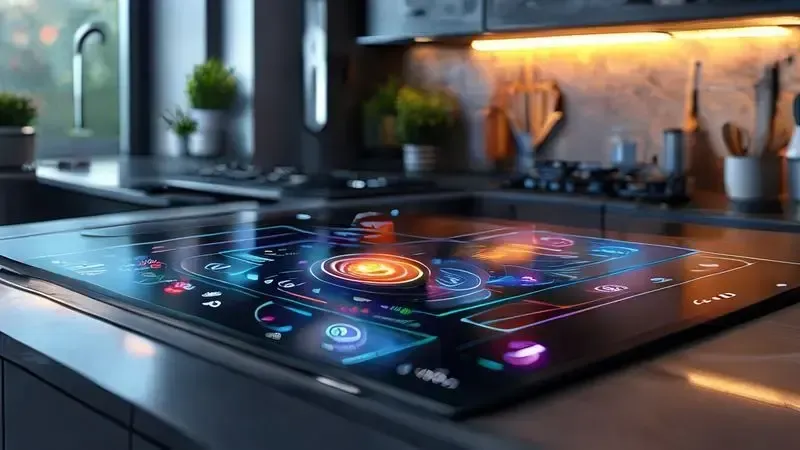 Ilustração conceitual de painel touch screen digital moderno em cooktop de indução com visor de controle