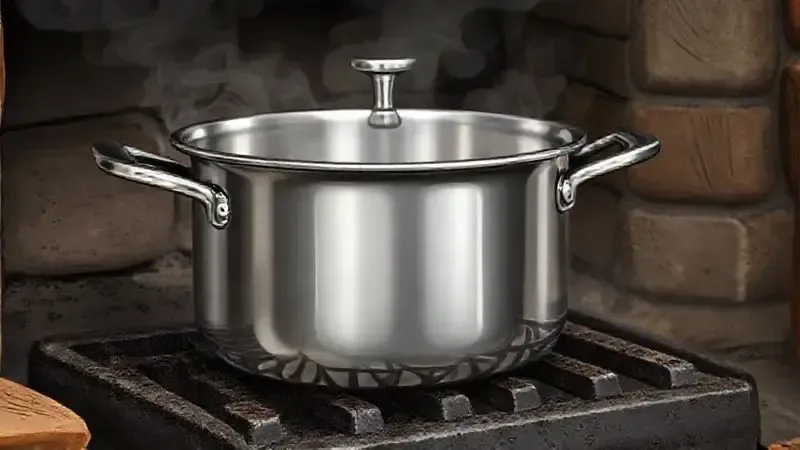 Panela de aço inoxidável (inox) sobre a chapa de um fogão à lenha, ilustrando a questão do seu uso.