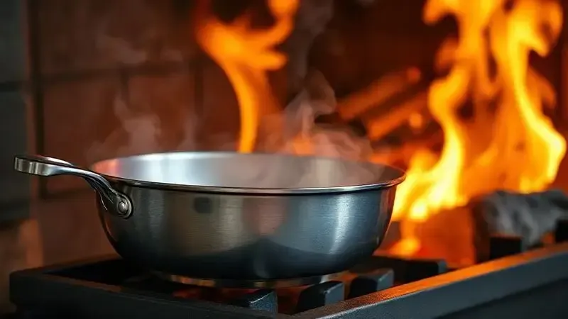 Imagem conceitual de panelas frágeis contrastando com o fogo intenso, alertando sobre materiais não recomendados para fogão a lenha.
