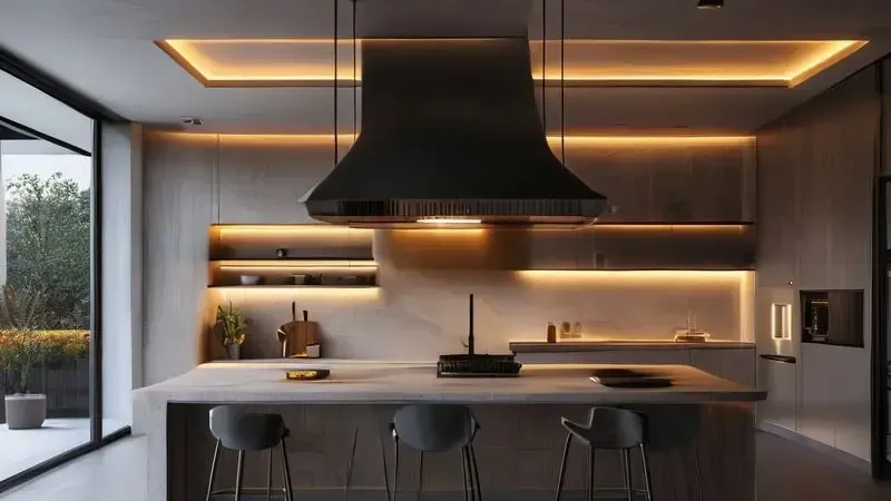 Cena conceitual mostrando exaustor integrado à decoração moderna de cozinha, como elemento de design elegante