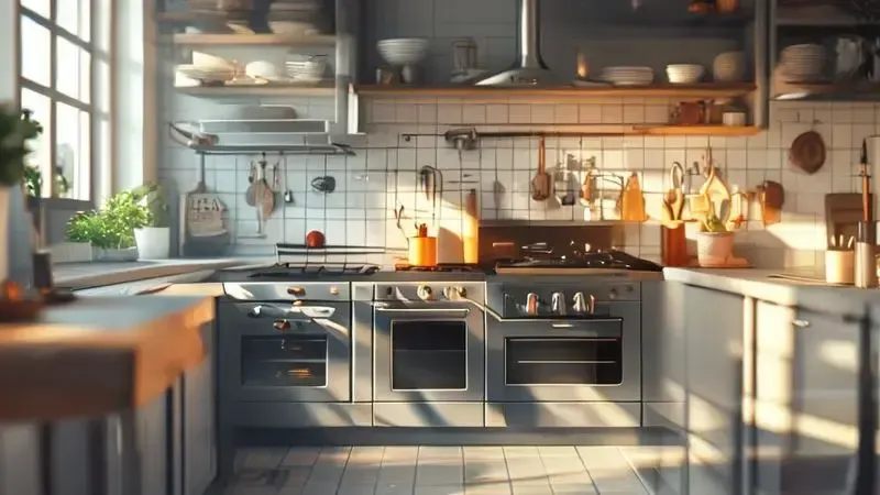 Ilustração conceitual sobre passagem de mangueira de gás atrás do fogão e questões de segurança na cozinha