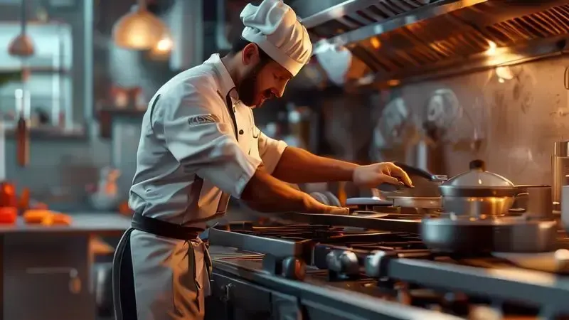 Ilustração de chef profissional ligando fogão industrial com segurança, seguindo procedimentos passo a passo.