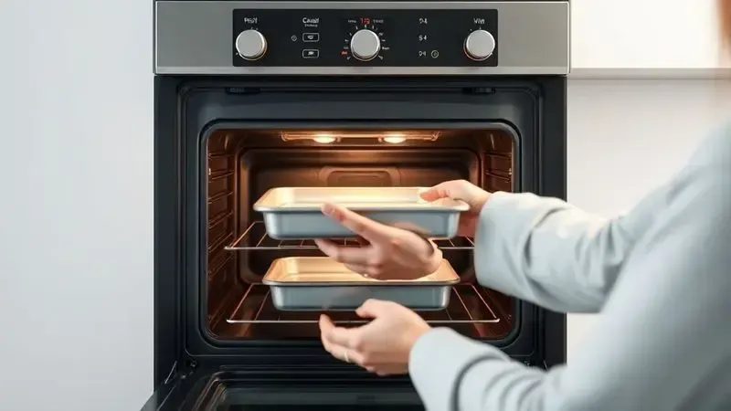 Ilustração de pessoa colocando forma de assar no forno elétrico, demonstrando técnica correta de uso