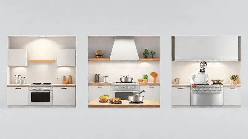 Ilustração digital mostrando três cozinhas diferentes que representam perfis de uso variado para escolher o fogão ideal.