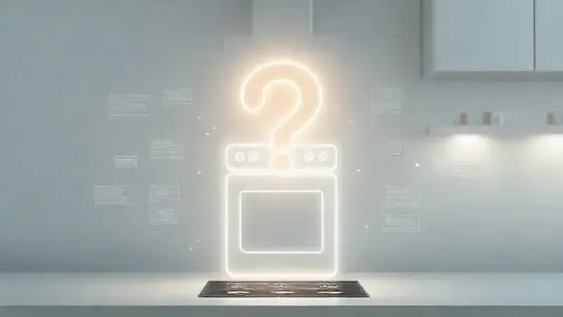 Arte conceitual representando perguntas frequentes e busca por informação sobre fogões e eletrodomésticos.