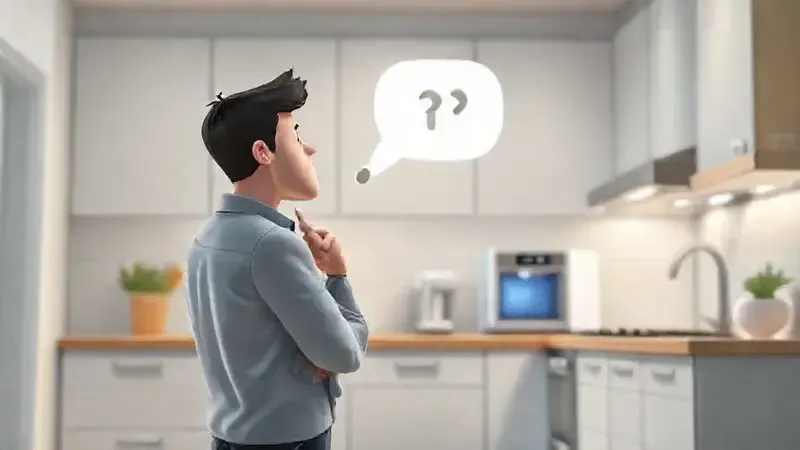 Ilustração conceitual 3D de uma pessoa avaliando a qualidade e a reputação de uma marca de eletrodomésticos na cozinha.