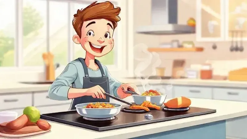 Ilustração conceitual de uma pessoa cozinhando rapidamente em um cooktop, simbolizando os benefícios do fogão.