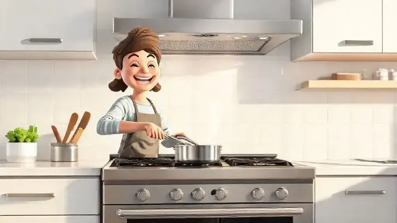 Ilustração 3D de uma pessoa satisfeita cozinhando em um fogão moderno, representando a qualidade do produto.