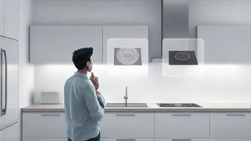Ilustração conceitual de uma pessoa analisando os tipos de cooktop (gás, indução e elétrico) para escolher o modelo ideal.