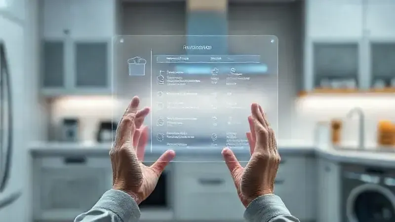 Render artístico de mãos analisando uma tela holográfica com especificações, representando a escolha do melhor cooktop.