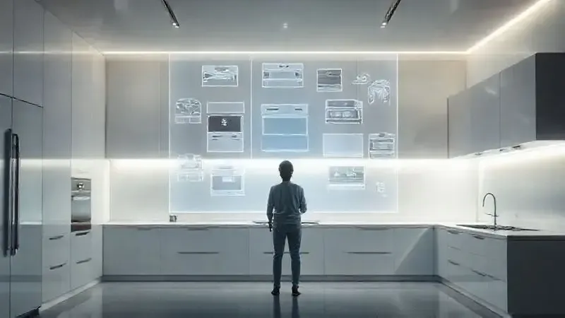 Ilustração conceitual de uma pessoa escolhendo o melhor fogão em uma interface holográfica moderna em uma cozinha.