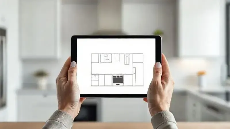 Pessoa planejando a compra de um novo fogão para a cozinha usando um tablet com um layout de planta.