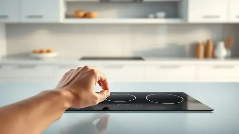 Ilustração de mãos utilizando os controles touch de um cooktop elétrico moderno em uma cozinha minimalista.