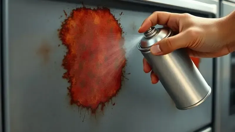Ilustração detalhada de uma área enferrujada em um fogão, sendo tratada com primer anti-ferrugem em spray.