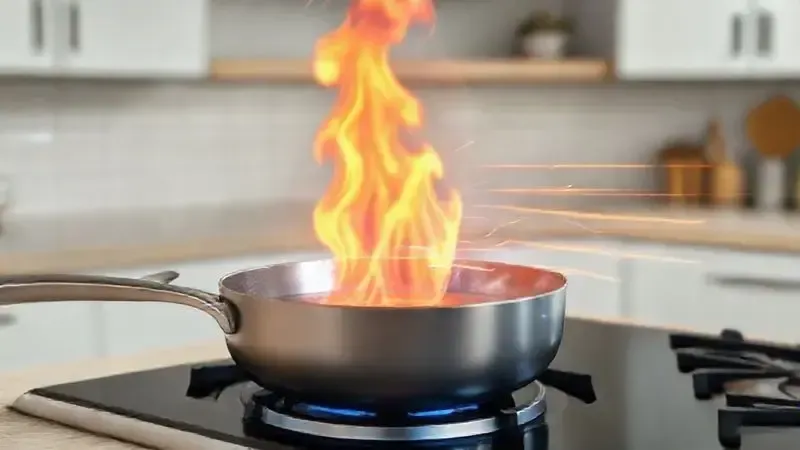 Ilustração conceitual de alta potência e calor intenso, simbolizando a redução do tempo de preparo de alimentos no cooktop.
