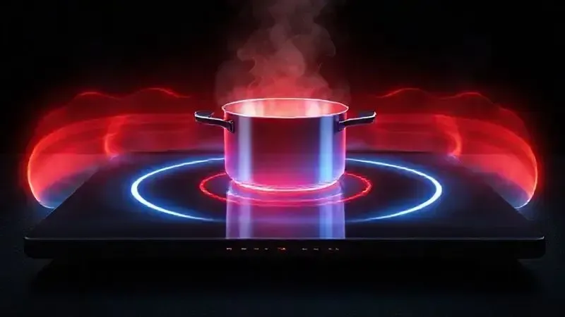 Ilustração 3D conceitual de alta potência e calor gerado rapidamente por um cooktop de indução, representando a eficiência energética.