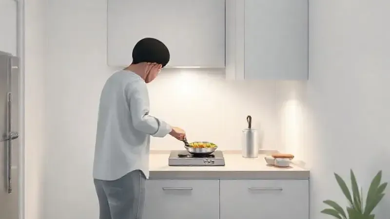 Ilustração de uma pessoa cozinhando em um fogão elétrico de 2 bocas em uma cozinha pequena e moderna.