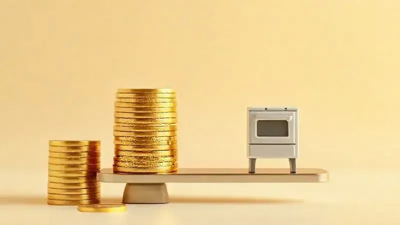 Ilustração de moedas de ouro e um mini fogão em uma balança, representando o equilíbrio ideal de custo-benefício.