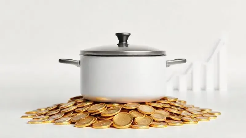 Renderização artística de um cooktop sobre moedas de ouro, simbolizando o preço médio e o investimento em um eletrodoméstico.