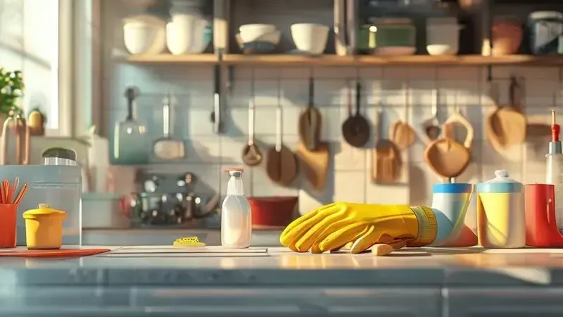 Preparação para limpeza de fogão com luvas e produtos de segurança em cena conceitual.
