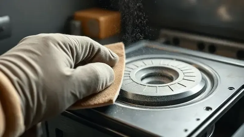 Mão lixando a superfície metálica de uma peça de fogão desmontada para o preparo da pintura.