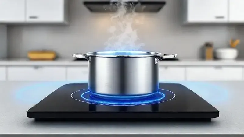 Ilustração 3D mostrando o princípio de aquecimento por indução, com campos magnéticos azuis.