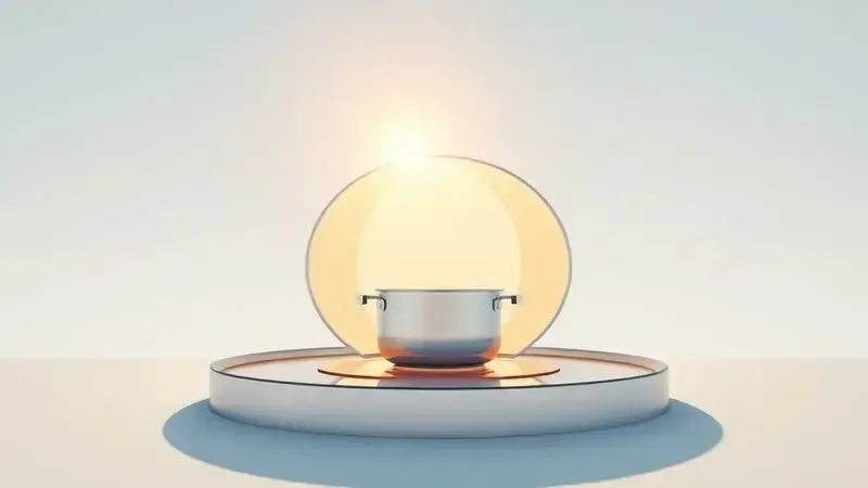 Ilustração científica dos princípios do cozimento solar com raios solares concentrados em superfície refletora
