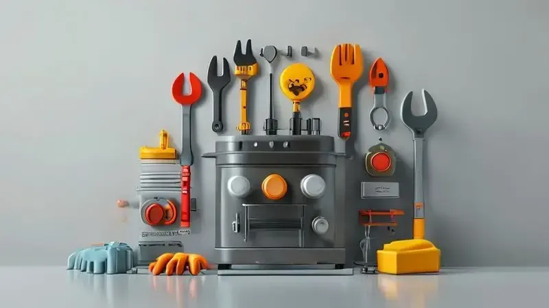 Ilustração de procedimentos de segurança para manutenção de fogão a gás com ferramentas e ícones.