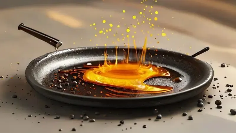 Ilustração conceitual do processo de cura da chapa de ferro fundido com óleo e calor