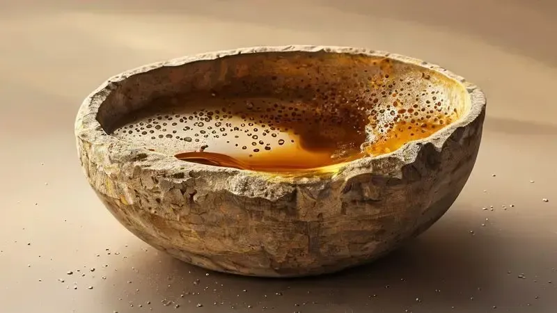 Ilustração conceitual mostrando como o óleo penetra na estrutura porosa da pedra sabão durante o processo de cura.