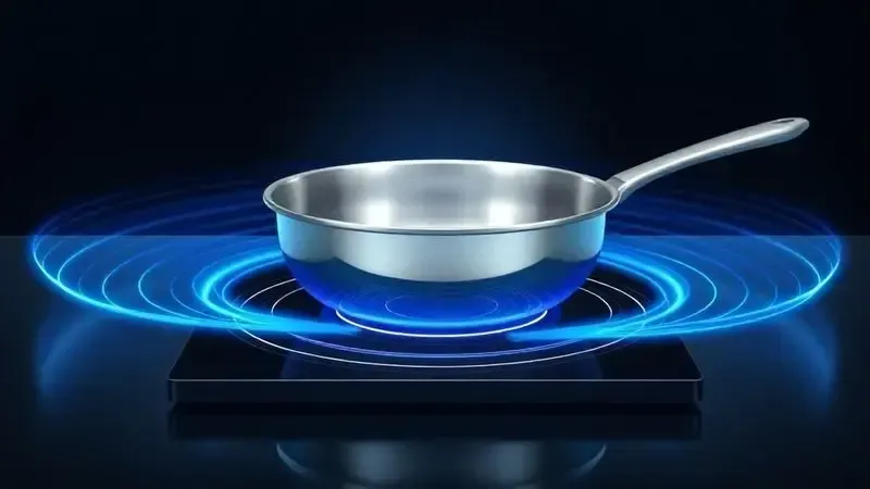 Ilustração conceitual do processo de indução magnética entre cooktop e panela com campos eletromagnéticos visíveis