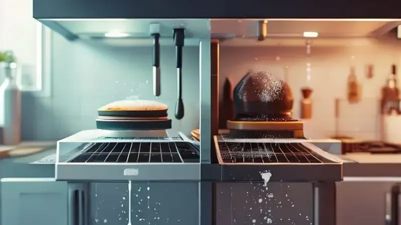 Ilustração conceitual mostrando o processo de limpeza do filtro de gordura da coifa, com visualização antes e depois
