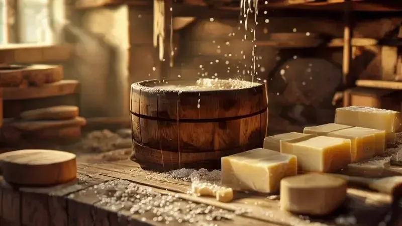 Ilustração de processo tradicional de fabricação de sabão com lixívia de cinzas de madeira em barril de madeira.