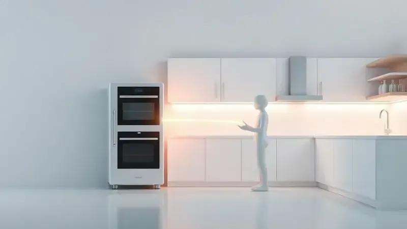 Ilustração conceitual de um eletrodoméstico moderno exalando qualidade e confiança em uma cozinha elegante.