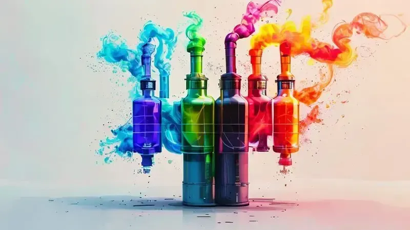 Ilustração conceitual mostrando quatro causas diferentes de ruídos em botijão de gás com fluxos coloridos