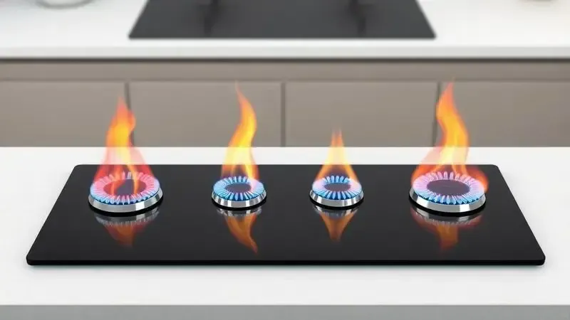 Ilustração 3D de fogão com diferentes potências de queimadores, simbolizando versatilidade na cozinha.