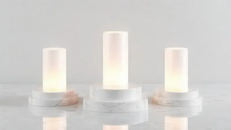 Renderização 3D de três colunas abstratas de alturas diferentes em mármore, representando o ranking e a comparação de marcas de fogões.