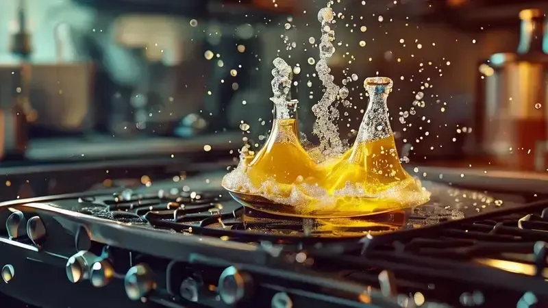 Ilustração artística da reação química entre vinagre e bicarbonato desentupindo uma boca de fogão.