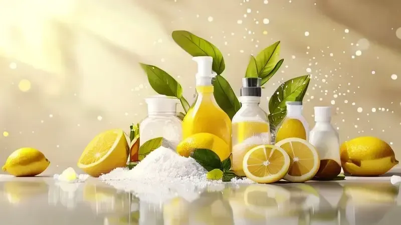 Ilustração conceitual de ingredientes naturais para limpeza de gordura: limão, bicarbonato e vinagre